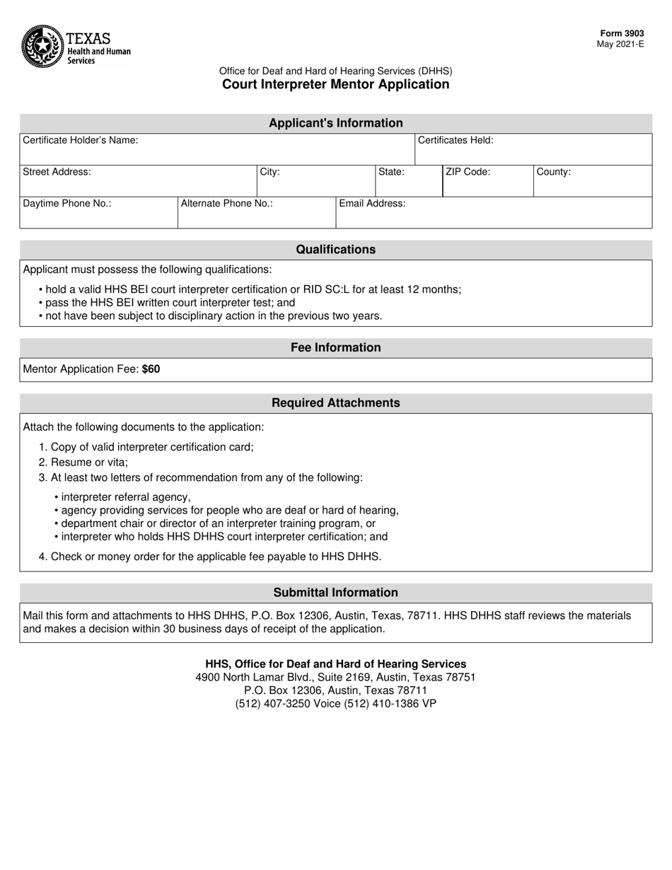 Form 3903 Court Interpreter Mentor Application - Texas, Page 1