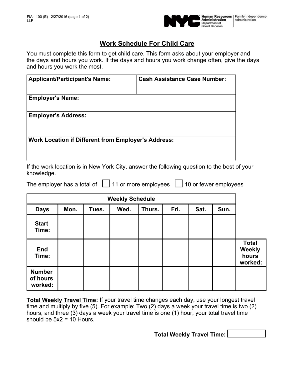 Form FIA-1100 Work Schedule for Child Care - New York City, Page 1
