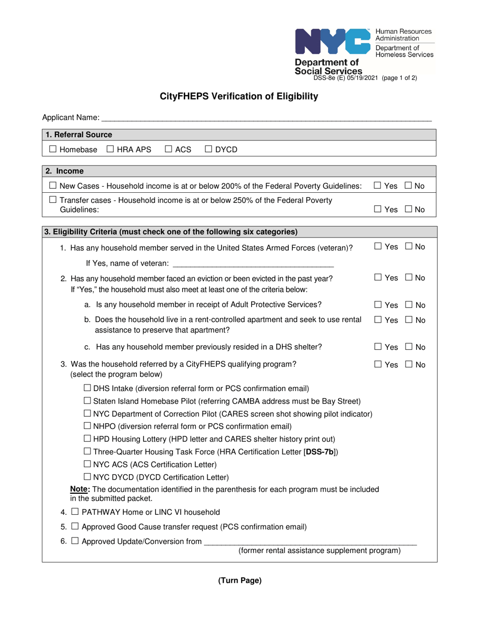 Form DSS8E Download Printable PDF or Fill Online Cityfheps