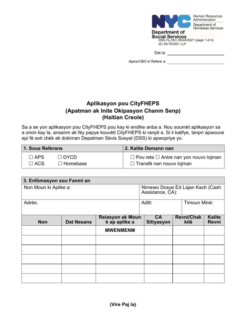 Form DSS-7Q Application for Cityfheps (Apartments and Single Room Occupancy Units) - New York City (Haitian Creole)