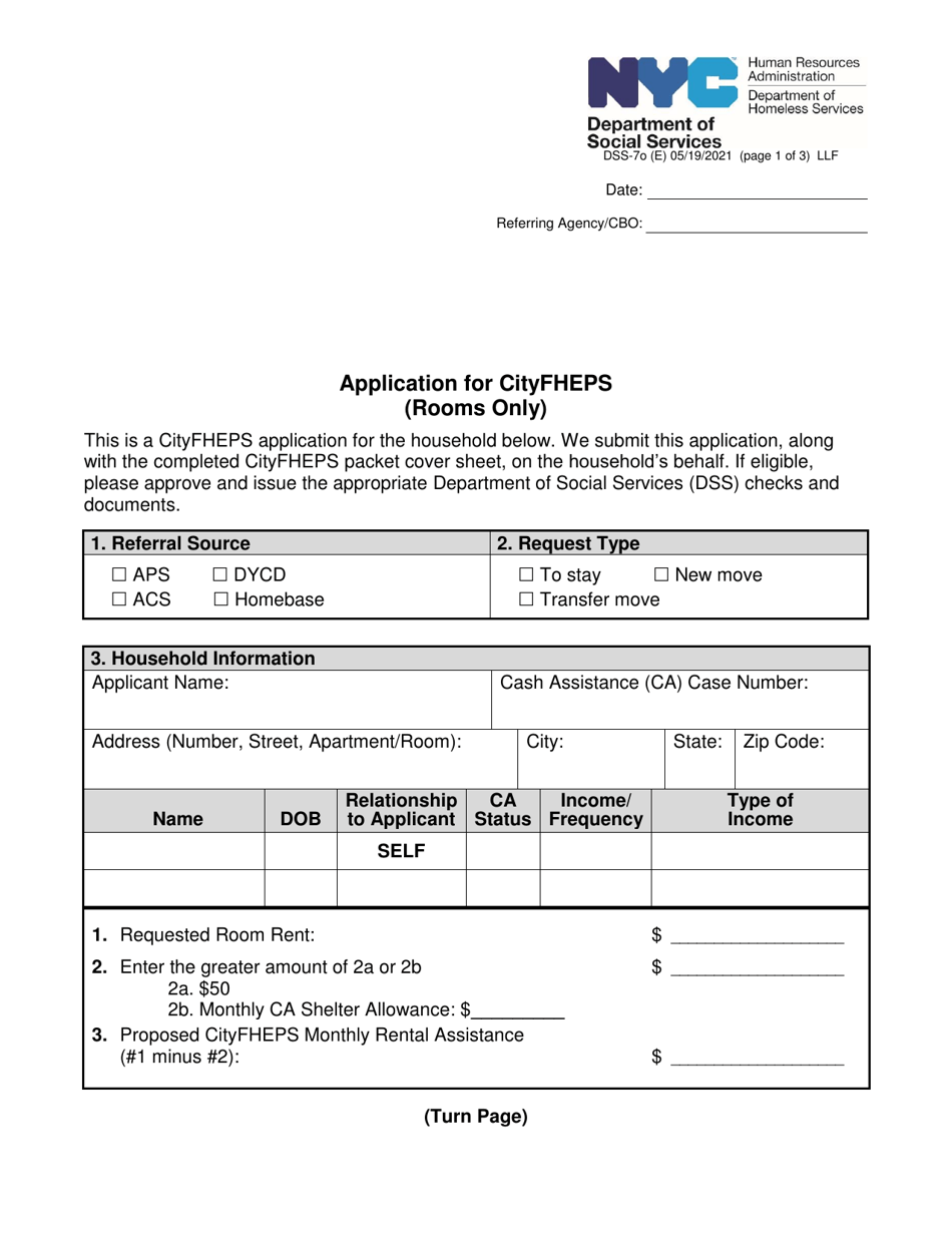 Form DSS-7O Application for Cityfheps (Rooms Only) - New York City, Page 1
