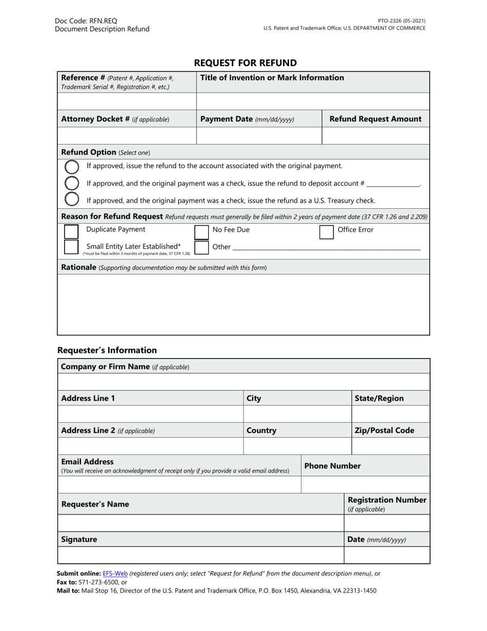 Form PTO-2326 Request for Refund, Page 1