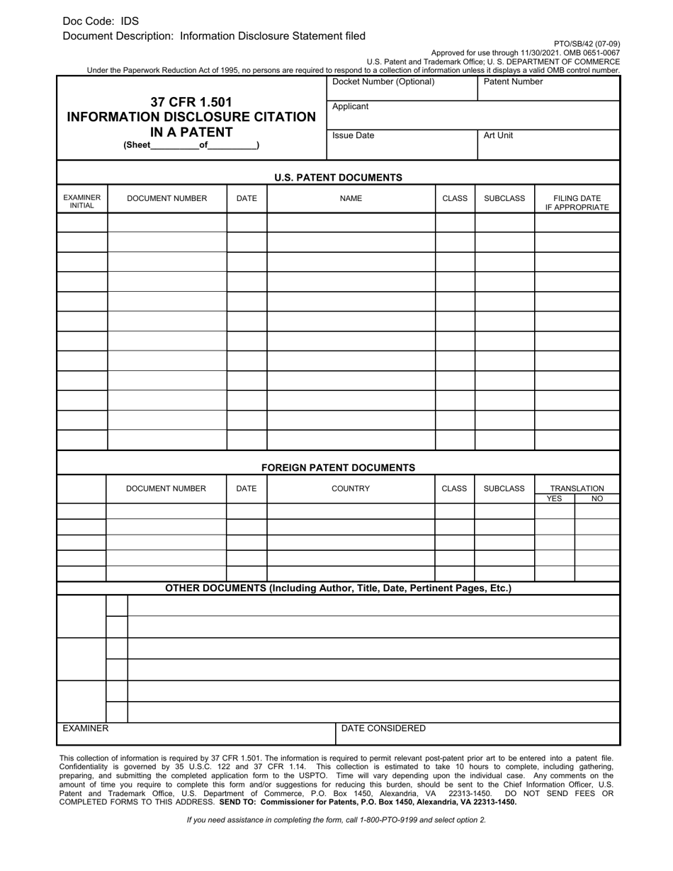 Form PTO / SB / 42 37 Cfr 1.501 Information Disclosure Citation in a Patent, Page 1