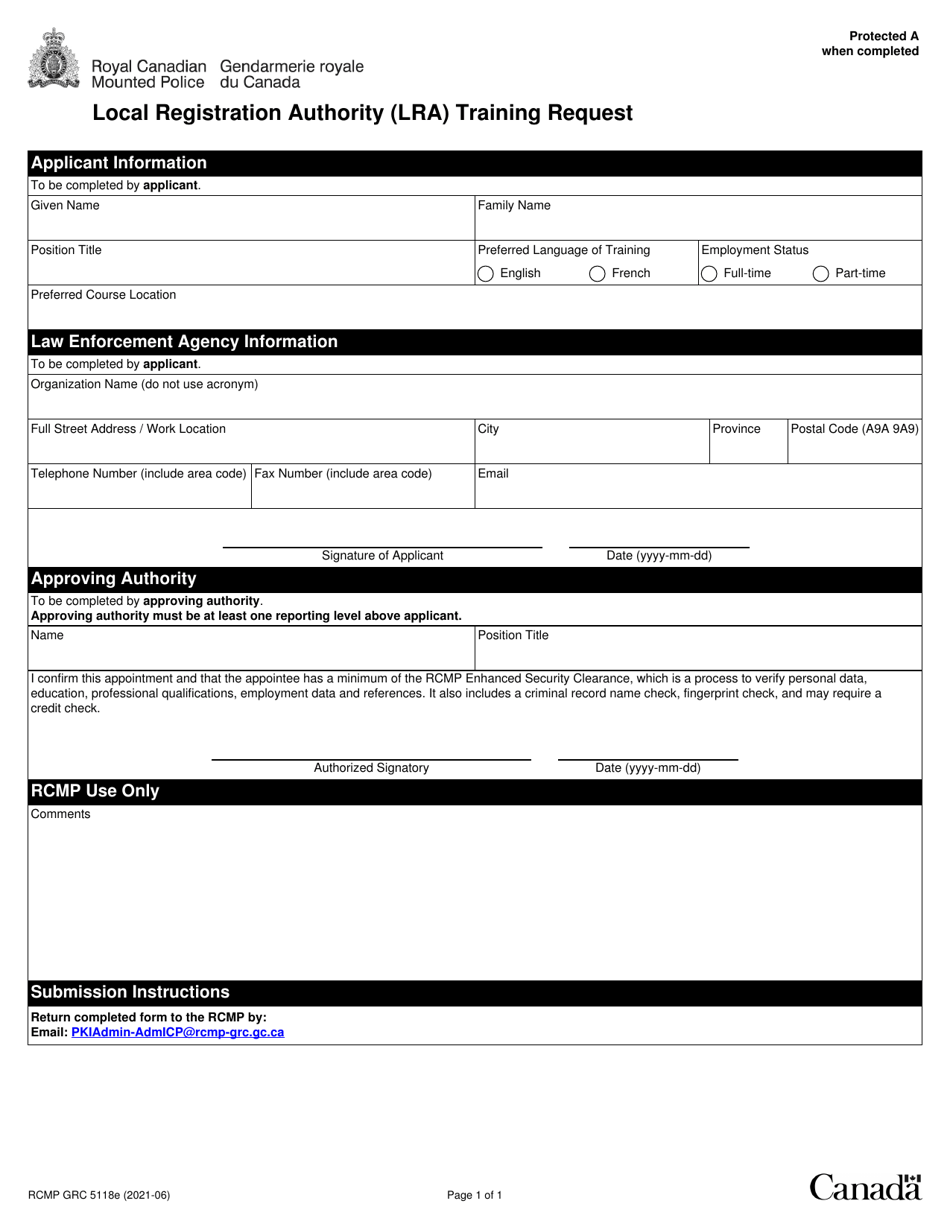 Form RCMP GRC5118 Local Registration Authority (LRA) Training Request - Canada, Page 1