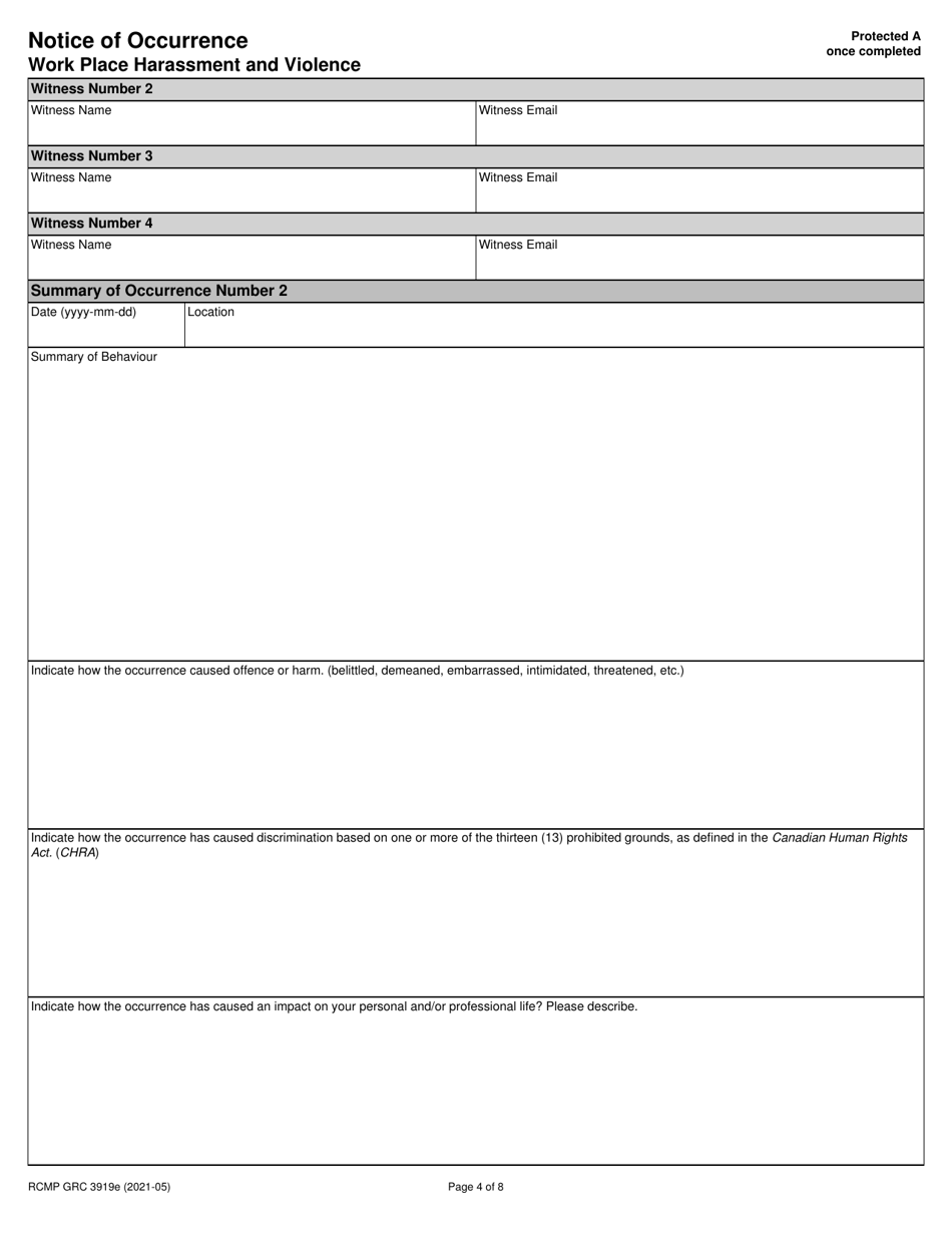 Form RCMP GRC3919 Notice of Occurrence Work Place Harassment and Violence - Canada, Page 5