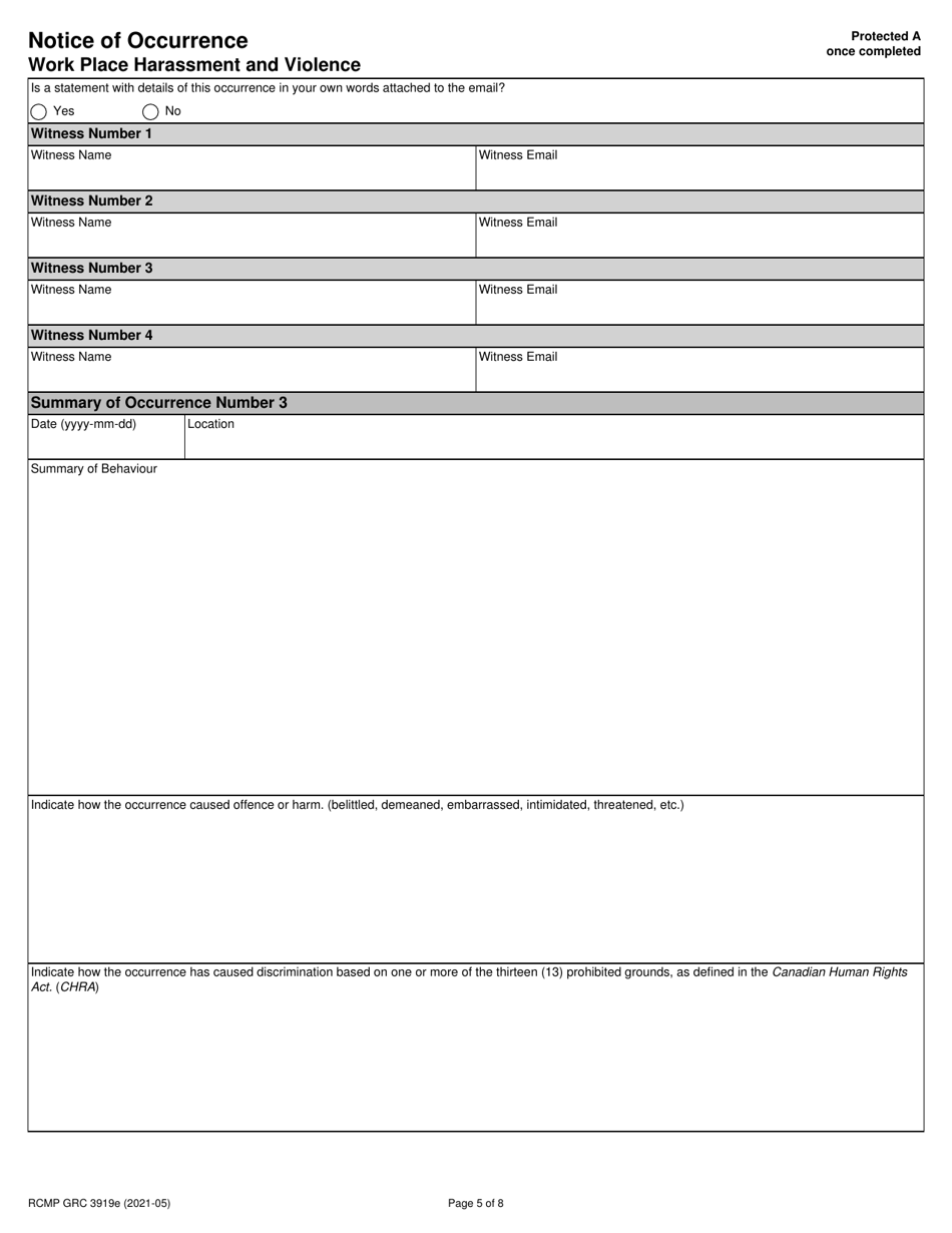 Form RCMP GRC3919 Notice of Occurrence Work Place Harassment and Violence - Canada, Page 6