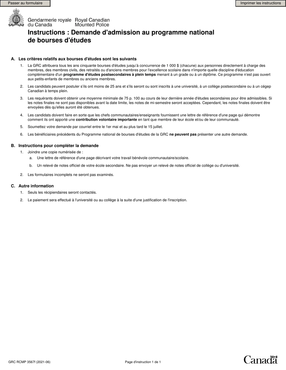 Forme RCMP GRC3567 Demande Dadmission Au Programme National De Bourses Detudes - Canada (French), Page 1
