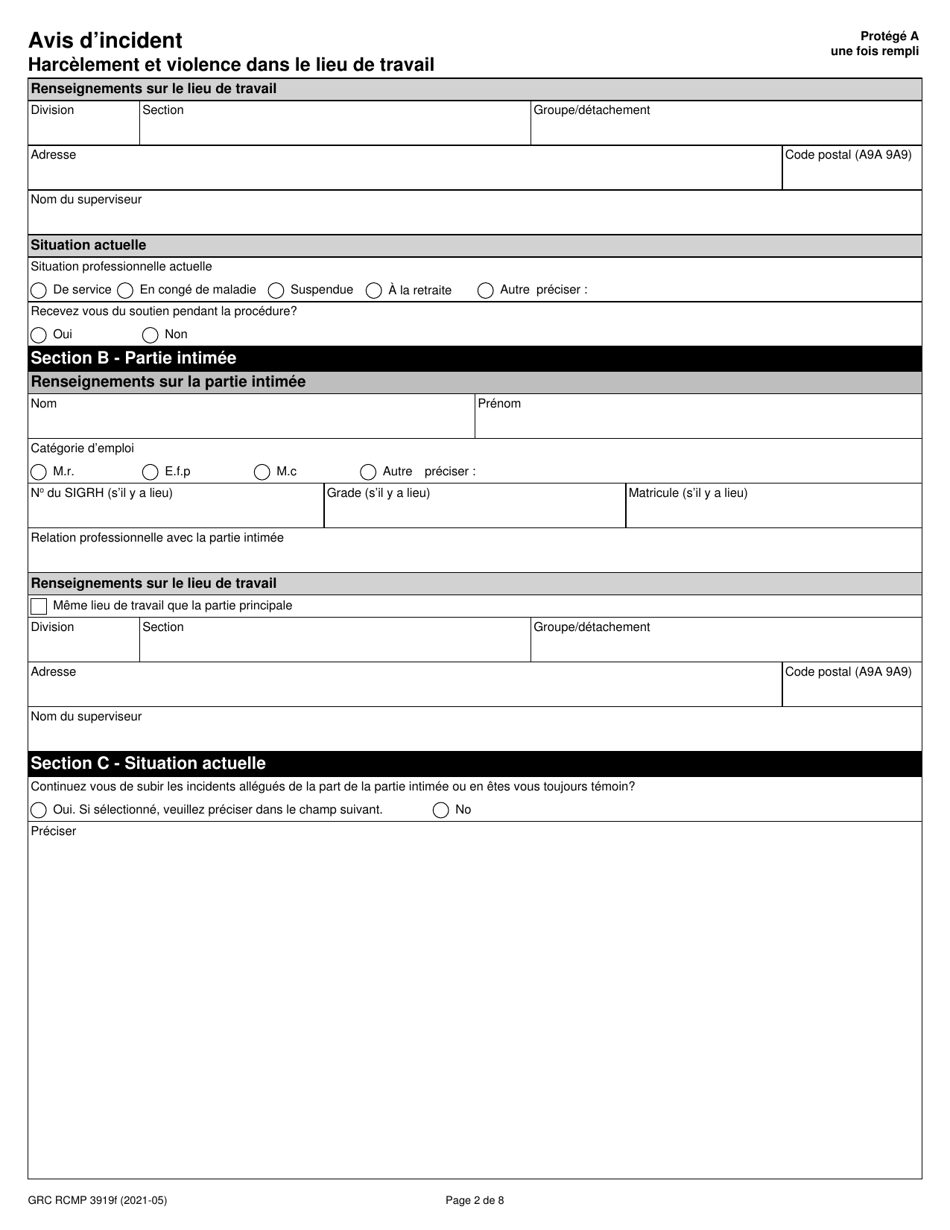 Forme RCMP GRC3919 Avis Dincident - Harcelement Et Violence Dans Le Lieu De Travail - Canada (French), Page 3
