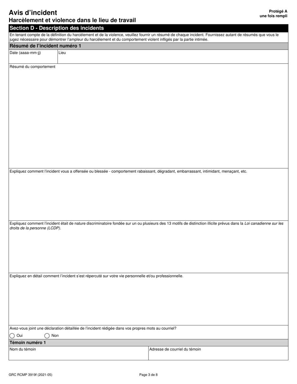Forme RCMP GRC3919 Avis Dincident - Harcelement Et Violence Dans Le Lieu De Travail - Canada (French), Page 4