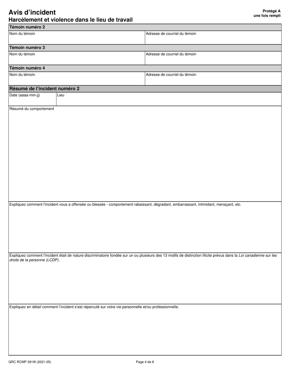 Forme RCMP GRC3919 Avis Dincident - Harcelement Et Violence Dans Le Lieu De Travail - Canada (French), Page 5
