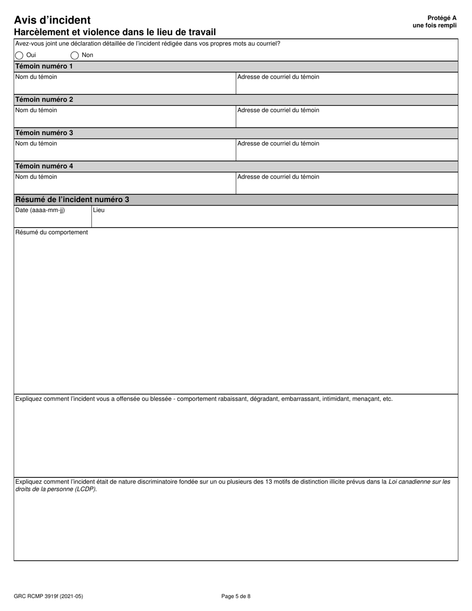 Forme RCMP GRC3919 Avis Dincident - Harcelement Et Violence Dans Le Lieu De Travail - Canada (French), Page 6