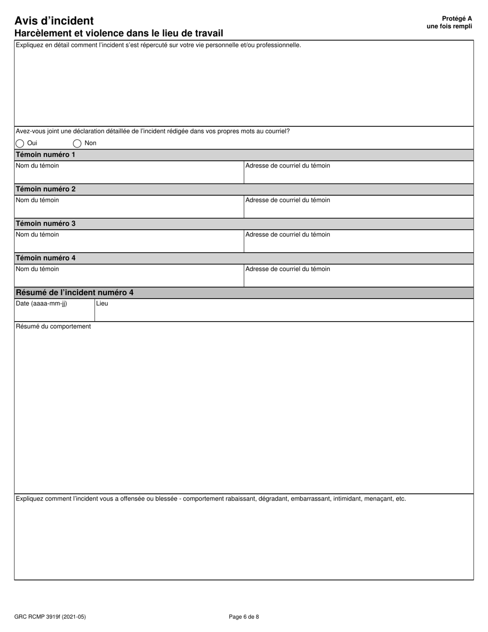 Forme RCMP GRC3919 Avis Dincident - Harcelement Et Violence Dans Le Lieu De Travail - Canada (French), Page 7