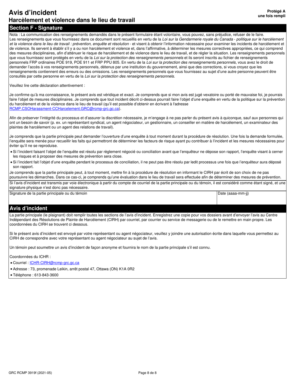 Forme RCMP GRC3919 Avis Dincident - Harcelement Et Violence Dans Le Lieu De Travail - Canada (French), Page 9