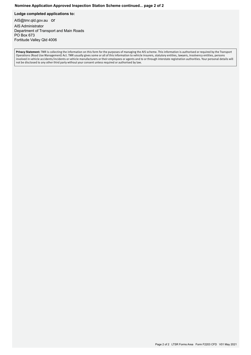 Form F2203 Nominee Application - Approved Inspection Station Scheme - Queensland, Australia, Page 2