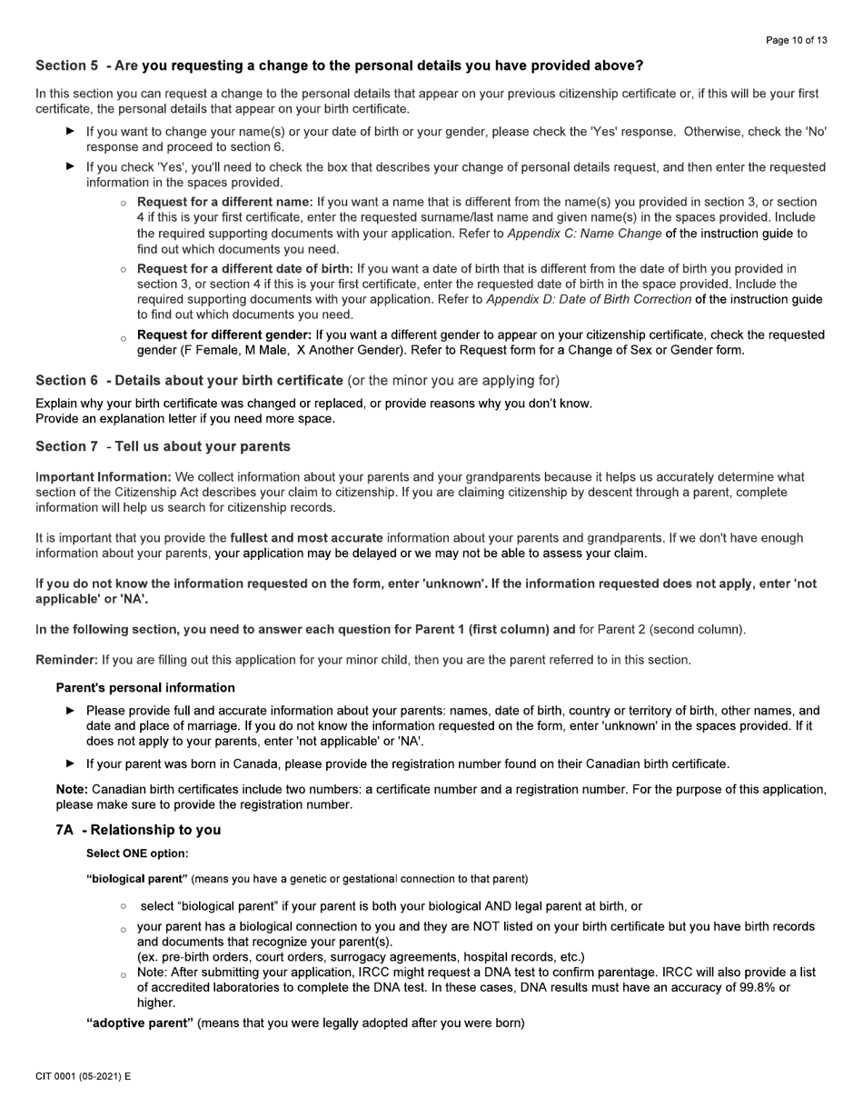Form CIT0001 Application for Citizenship Certificate for Adults and Minors (Proof of Citizenship) - Canada, Page 10