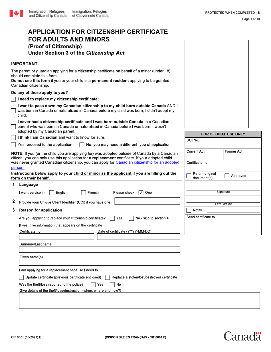 Form CIT0001 Application for Citizenship Certificate for Adults and Minors (Proof of Citizenship) - Canada, Page 1