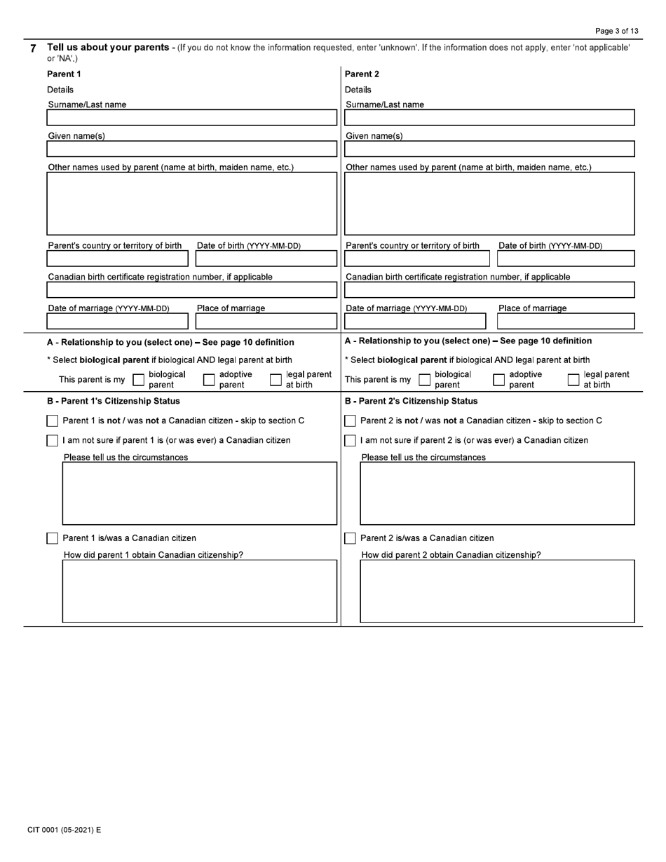 Form CIT0001 Application for Citizenship Certificate for Adults and Minors (Proof of Citizenship) - Canada, Page 3