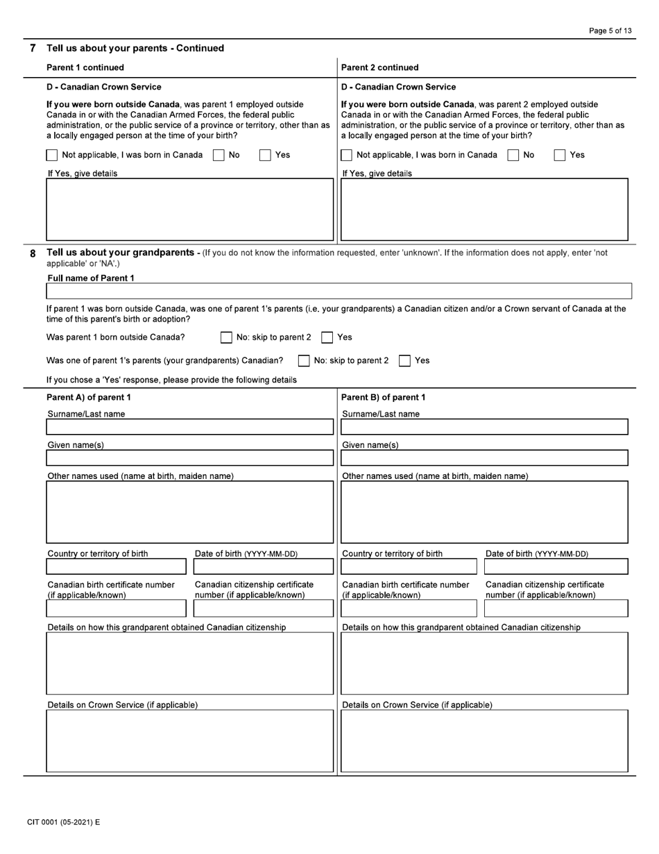 Form CIT0001 Application for Citizenship Certificate for Adults and Minors (Proof of Citizenship) - Canada, Page 5