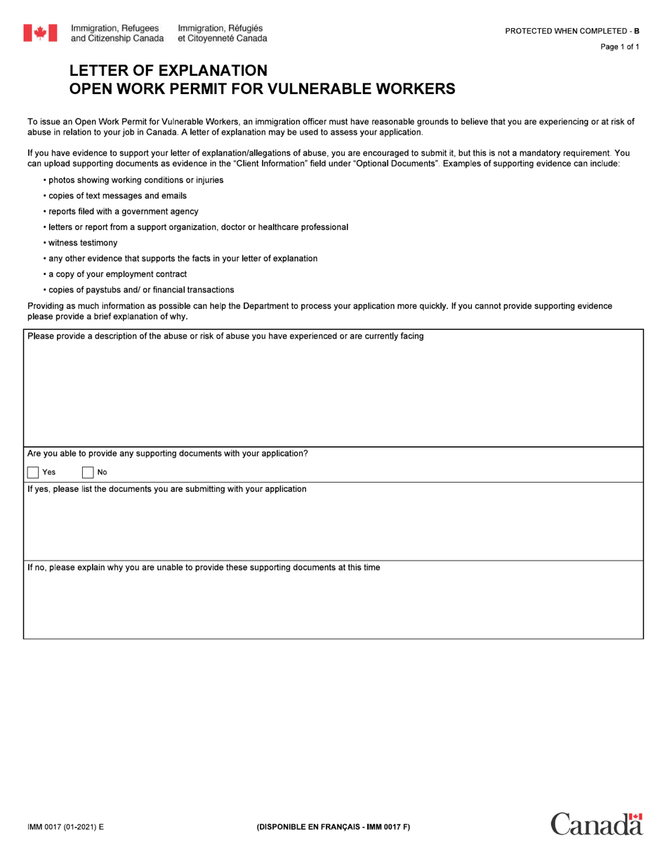 Form IMM0017 Letter of Explanation - Open Work Permit for Vulnerable Workers - Canada, Page 1