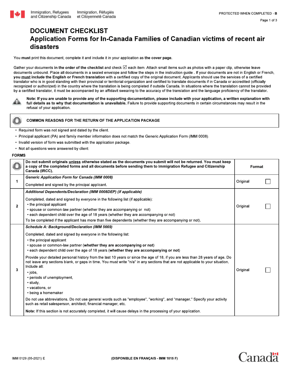 Form IMM0129 Document Checklist - in-Canada Families of Canadian Victims of Recent Air Disasters - Canada, Page 1