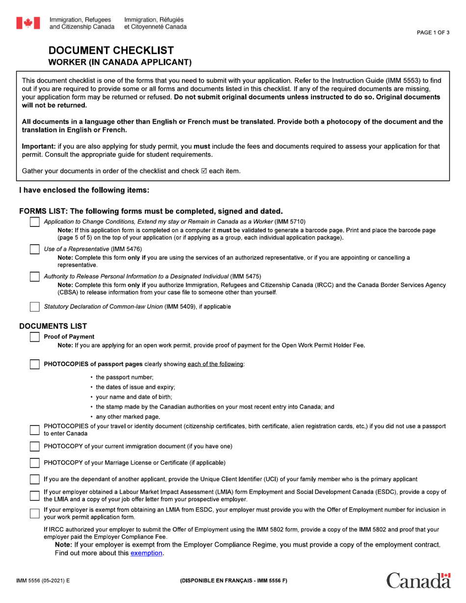 Form IMM5556 Document Checklist: Worker (In Canada Applicant) - Canada, Page 1