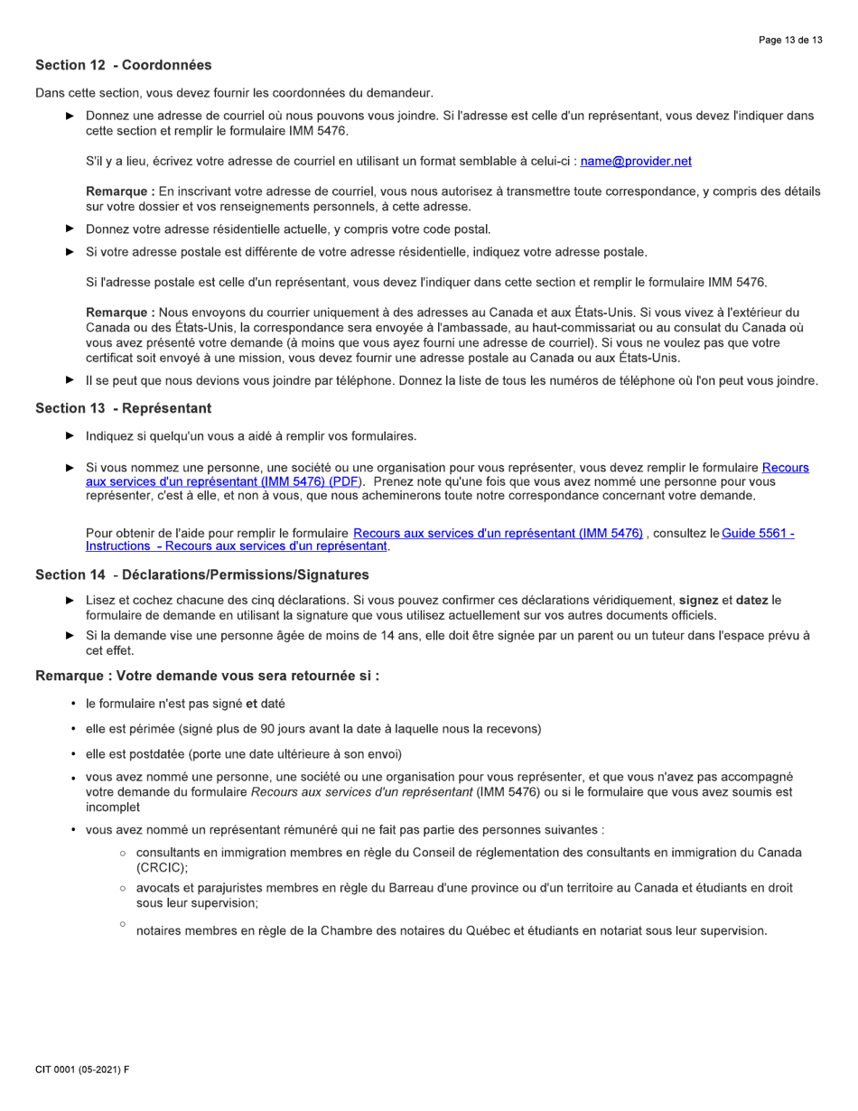 Forme CIT0001 Demande De Certificat De Citoyennete Pour Adultes Et Mineurs - Canada (French), Page 13