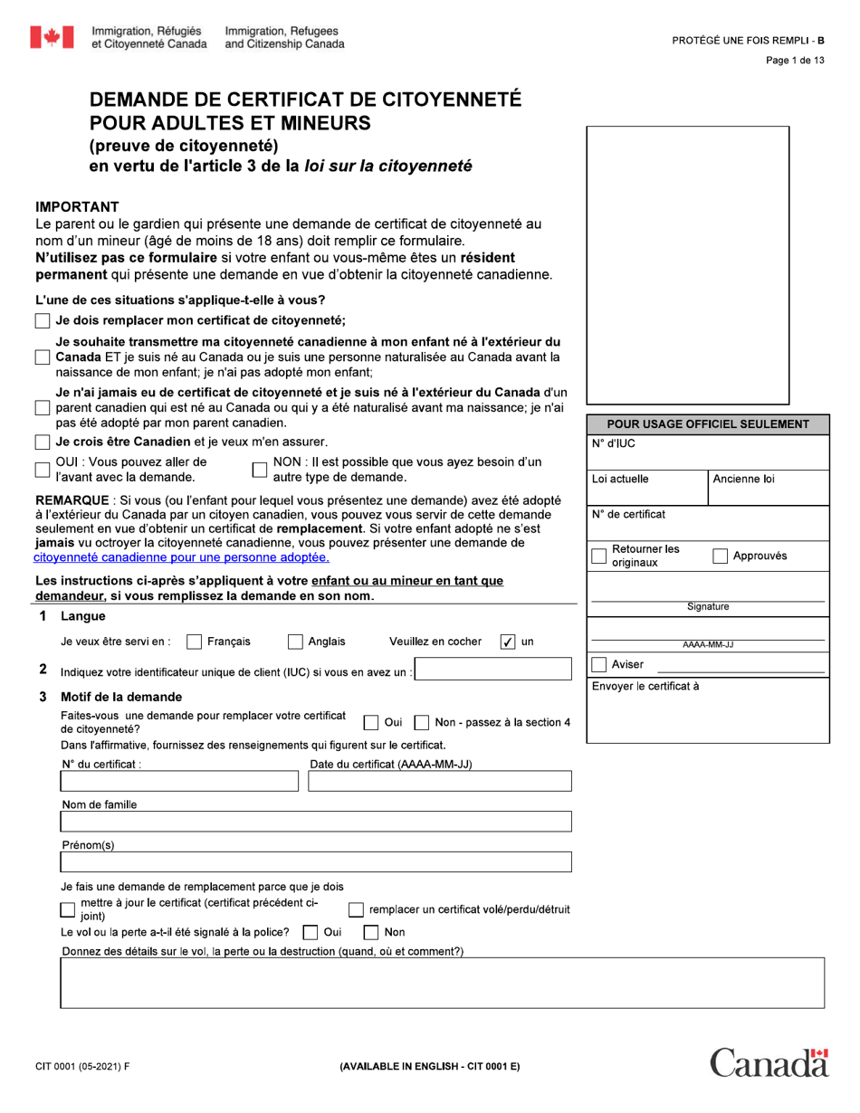 Forme CIT0001 Demande De Certificat De Citoyennete Pour Adultes Et Mineurs - Canada (French), Page 1