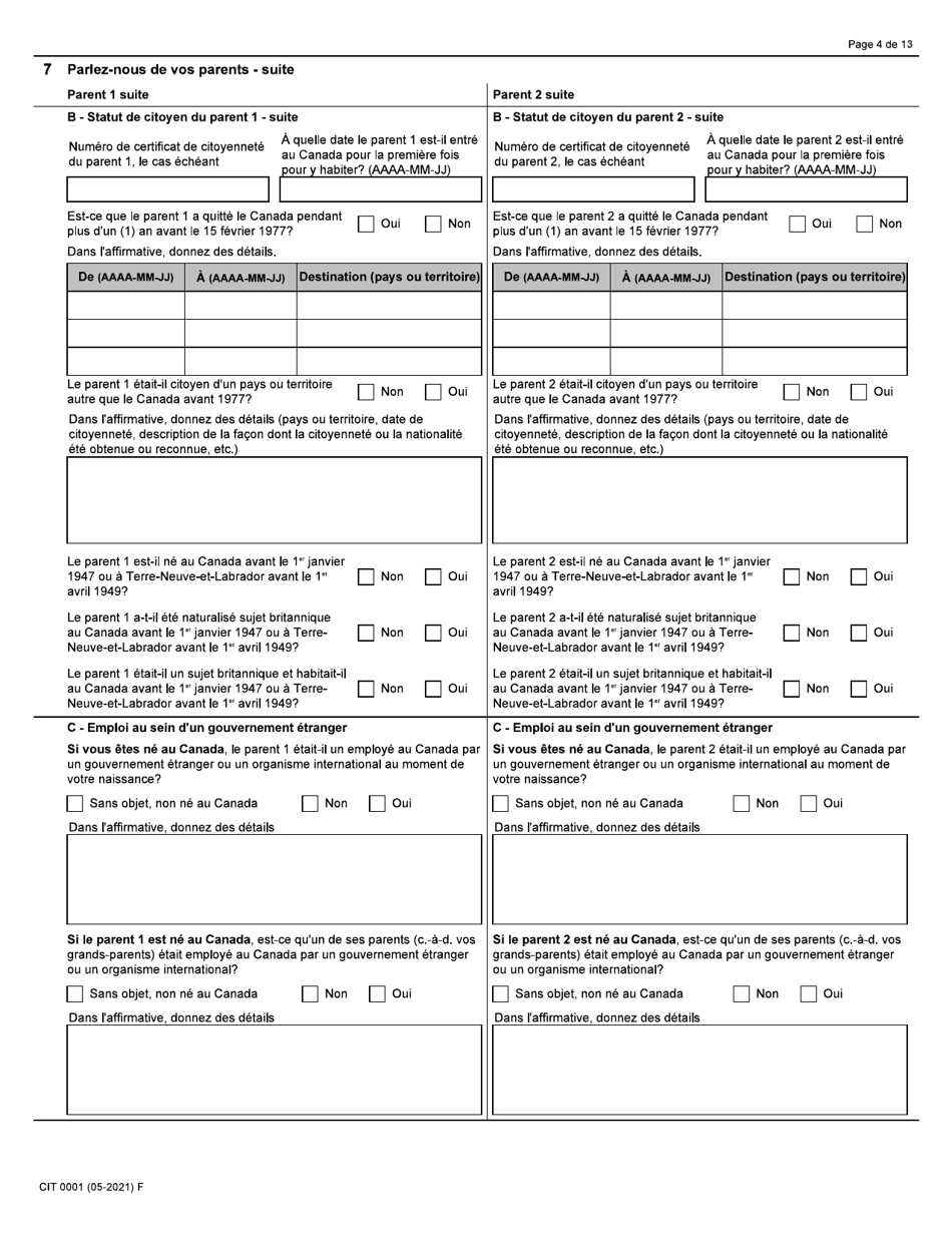 Forme CIT0001 Demande De Certificat De Citoyennete Pour Adultes Et Mineurs - Canada (French), Page 4