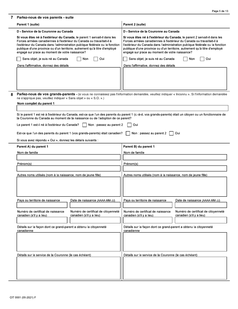 Forme CIT0001 Demande De Certificat De Citoyennete Pour Adultes Et Mineurs - Canada (French), Page 5