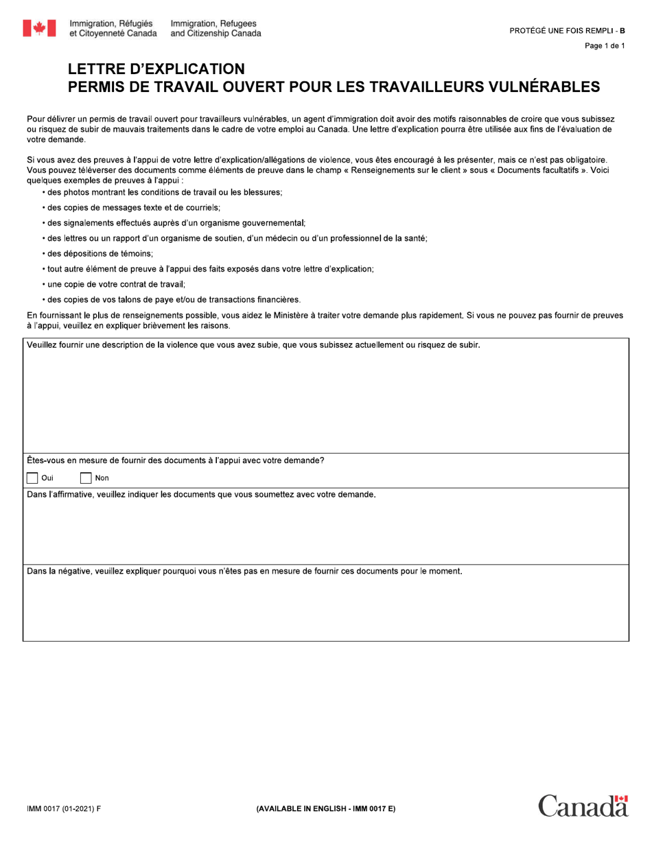 Forme IMM0017 Lettre Dexplication - Permis De Travail Ouvert Pour Les Travailleurs Vulnerables - Canada (French), Page 1