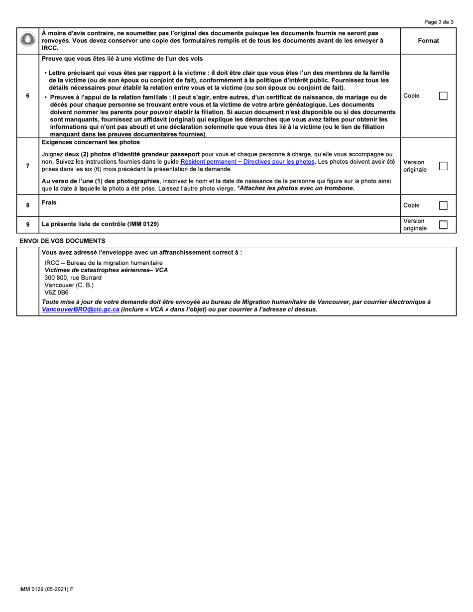Forme IMM0129 Liste De Controle DES Documents: Formulaires De Demande Destines Aux Familles Au Canada DES Victimes Canadiennes De Catastrophes Aeriennes Recentes - Canada (French), Page 3