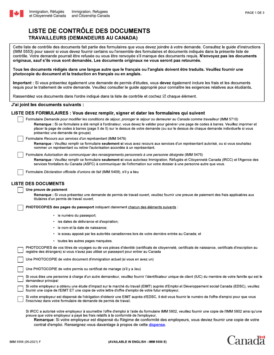 Forme IMM5556 Liste De Controle DES Documents - Travailleurs (Demandeurs Au Canada) - Canada (French), Page 1