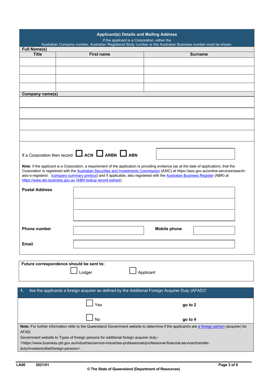 Form LA00 Part A Contact and Land Details - Queensland, Australia, Page 3