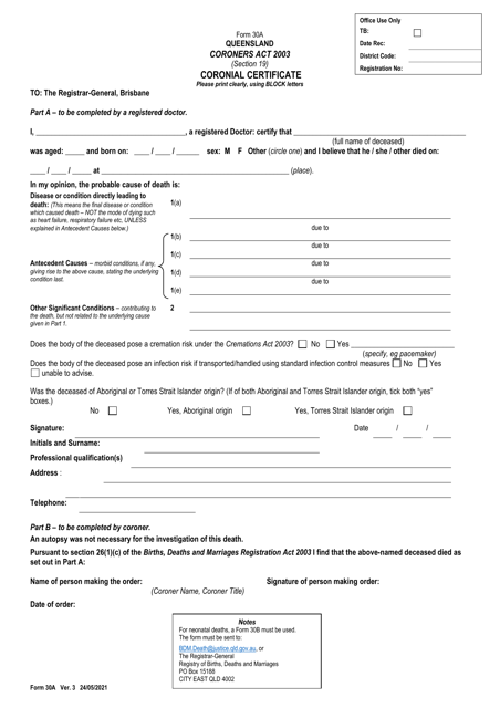 Form 30A Coronial Certificate - Queensland, Australia