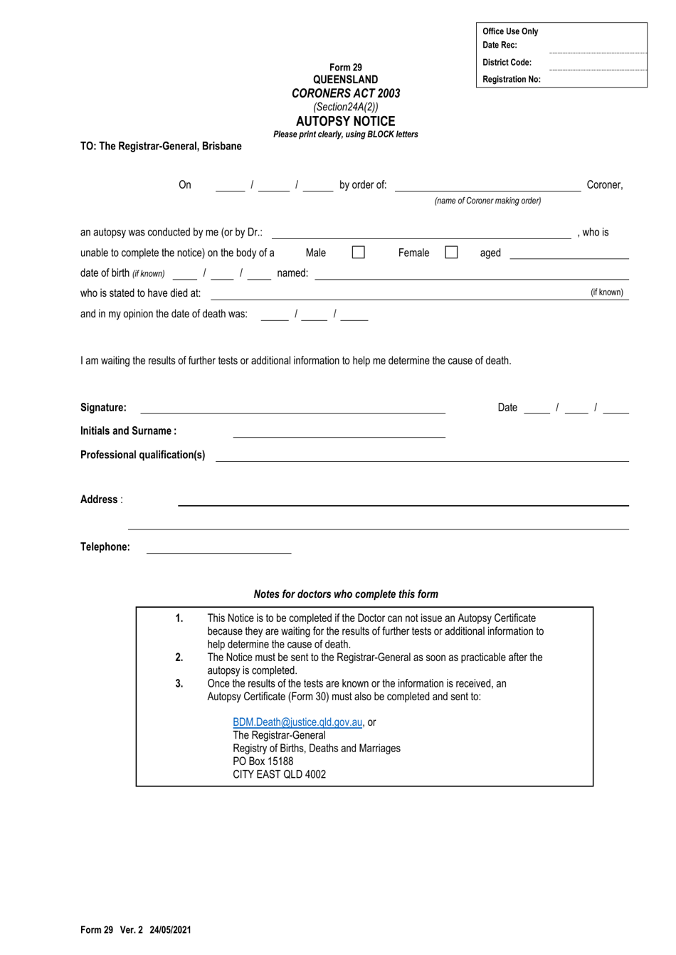 Form 29 Autopsy Notice - Queensland, Australia, Page 1