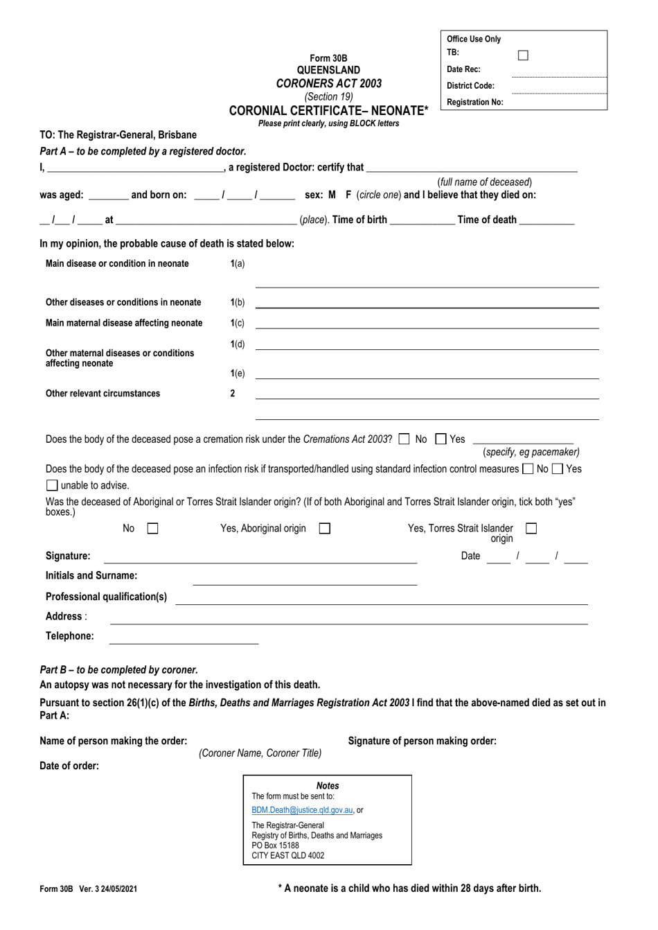 Form 30B Coronial Certificate - Neonate - Queensland, Australia, Page 1