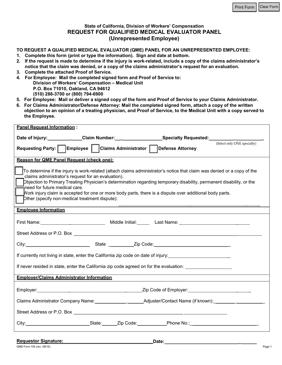 QME Form 105 Request for Qualified Medical Evaluator Panel (Unrepresented Employee) - California, Page 1