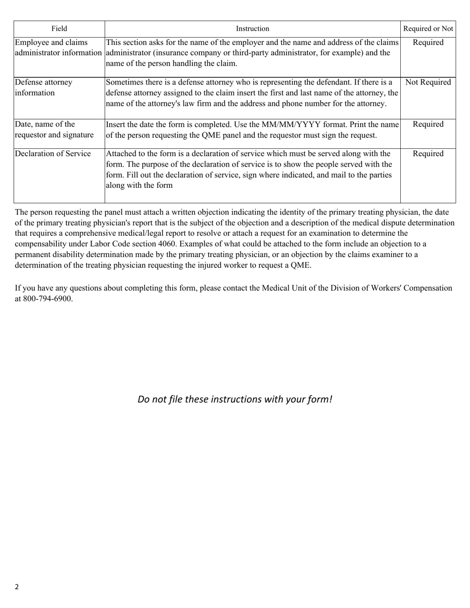 Instructions for QME Form 106 Request for Qme Panel Under Labor Code 4062.2 Represented - for Injuries Occurring Prior to January 1, 2005 - California, Page 2