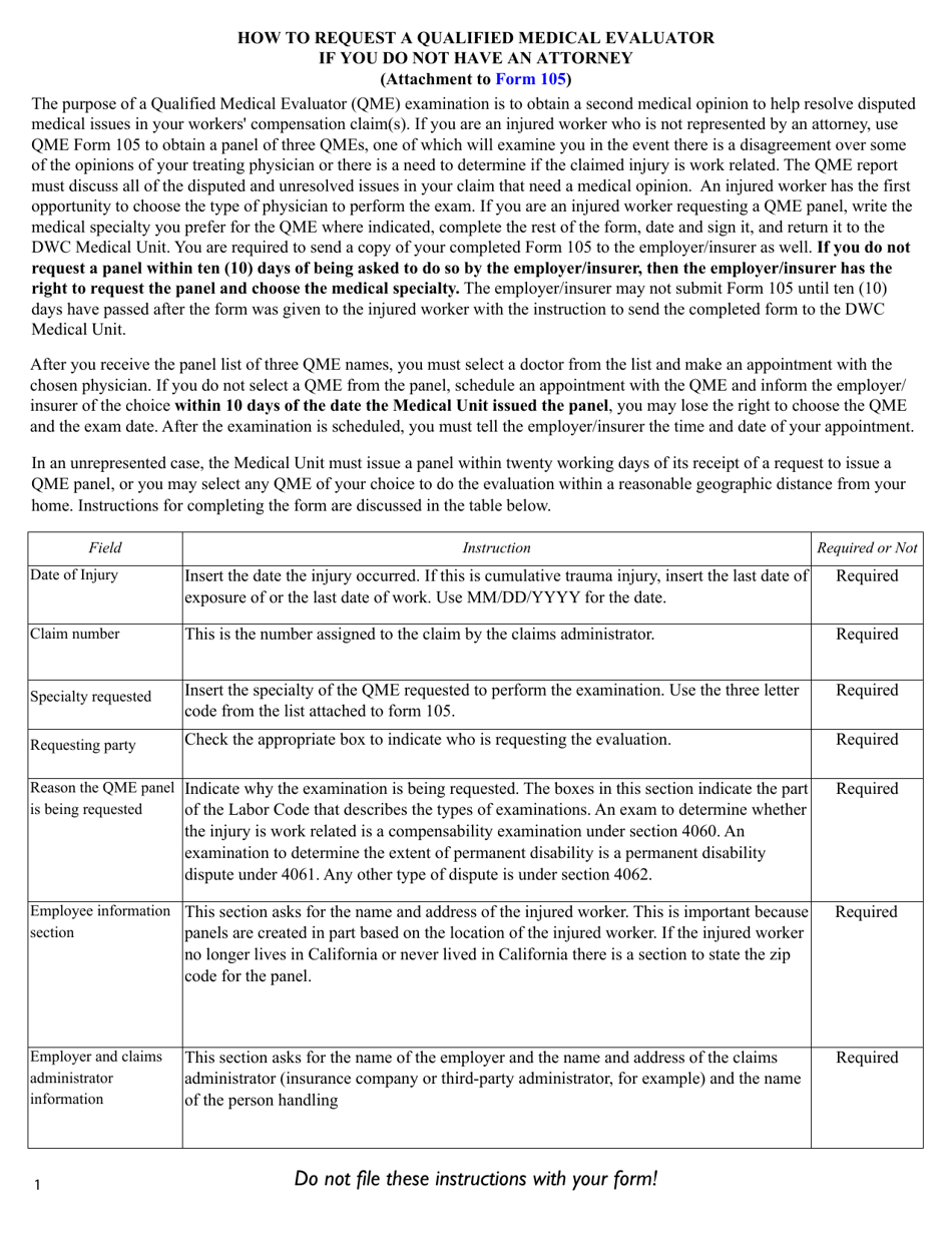 Instructions for QME Form 105 Request for Qualified Medical Evaluator Panel (Unrepresented Employee) - California, Page 1