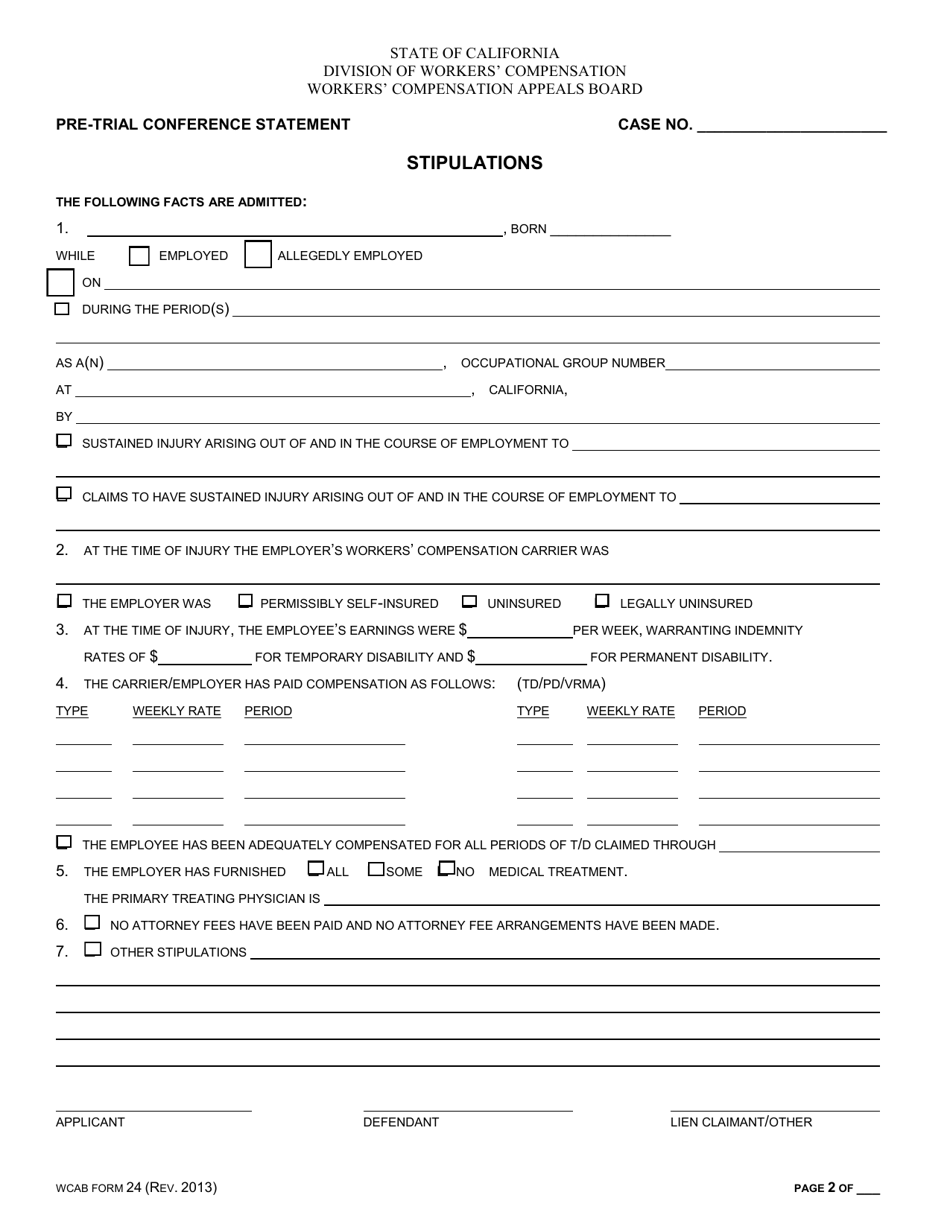 WCAB Form 24 Pre-trial Conference Statement - California, Page 2