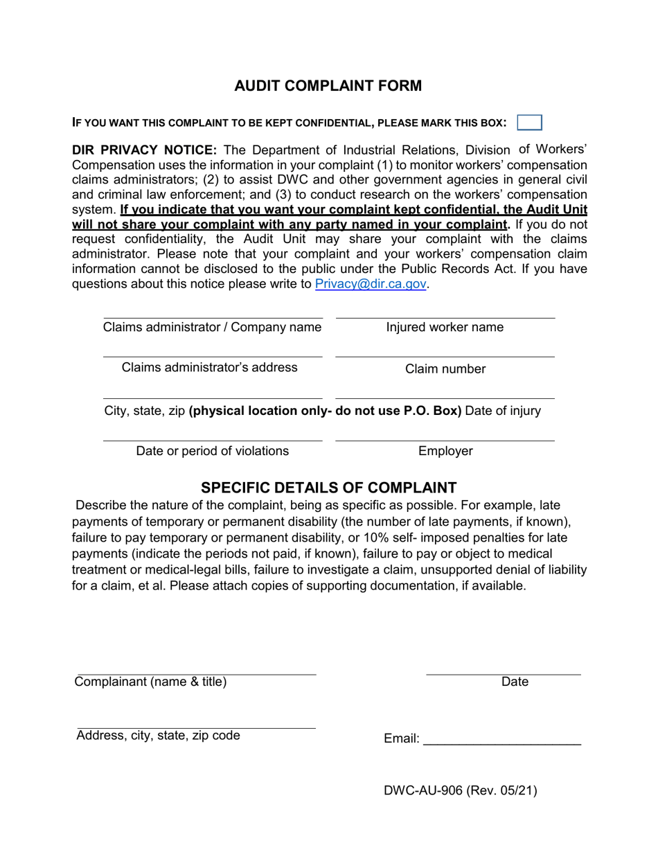Form DWC-AU-906 Audit Complaint Form - California, Page 1