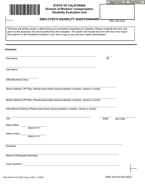 DWC-AD Form 100 Employee's Disability Questionnaire - California