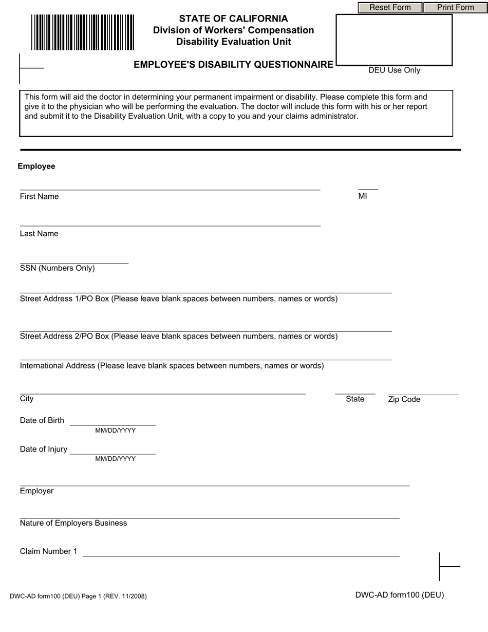 DWC-AD Form 100 Employees Disability Questionnaire - California, Page 1