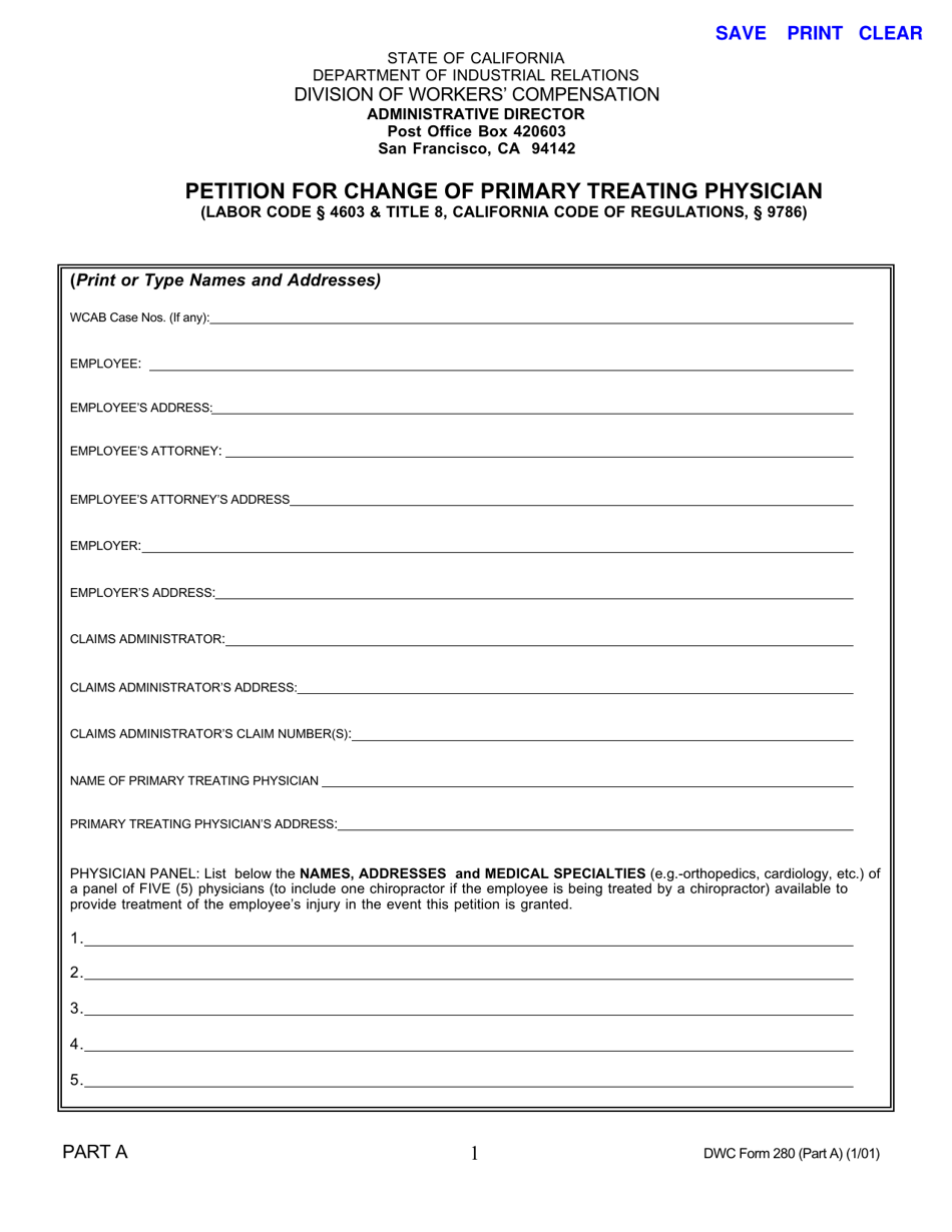 DWC Form 280 Petition for Change of Primary Treating Physician - California, Page 1