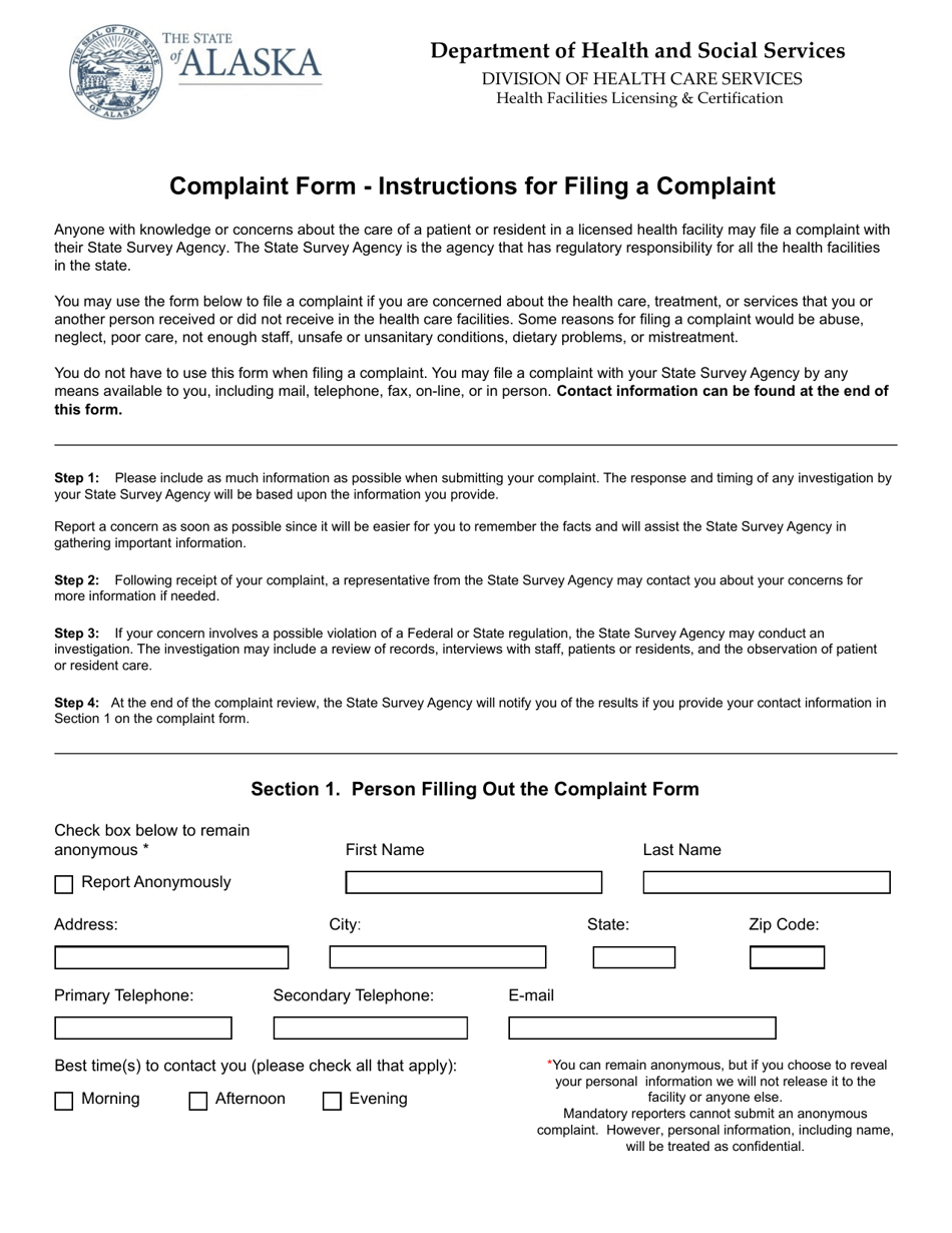 Complaint Form - Alaska, Page 1