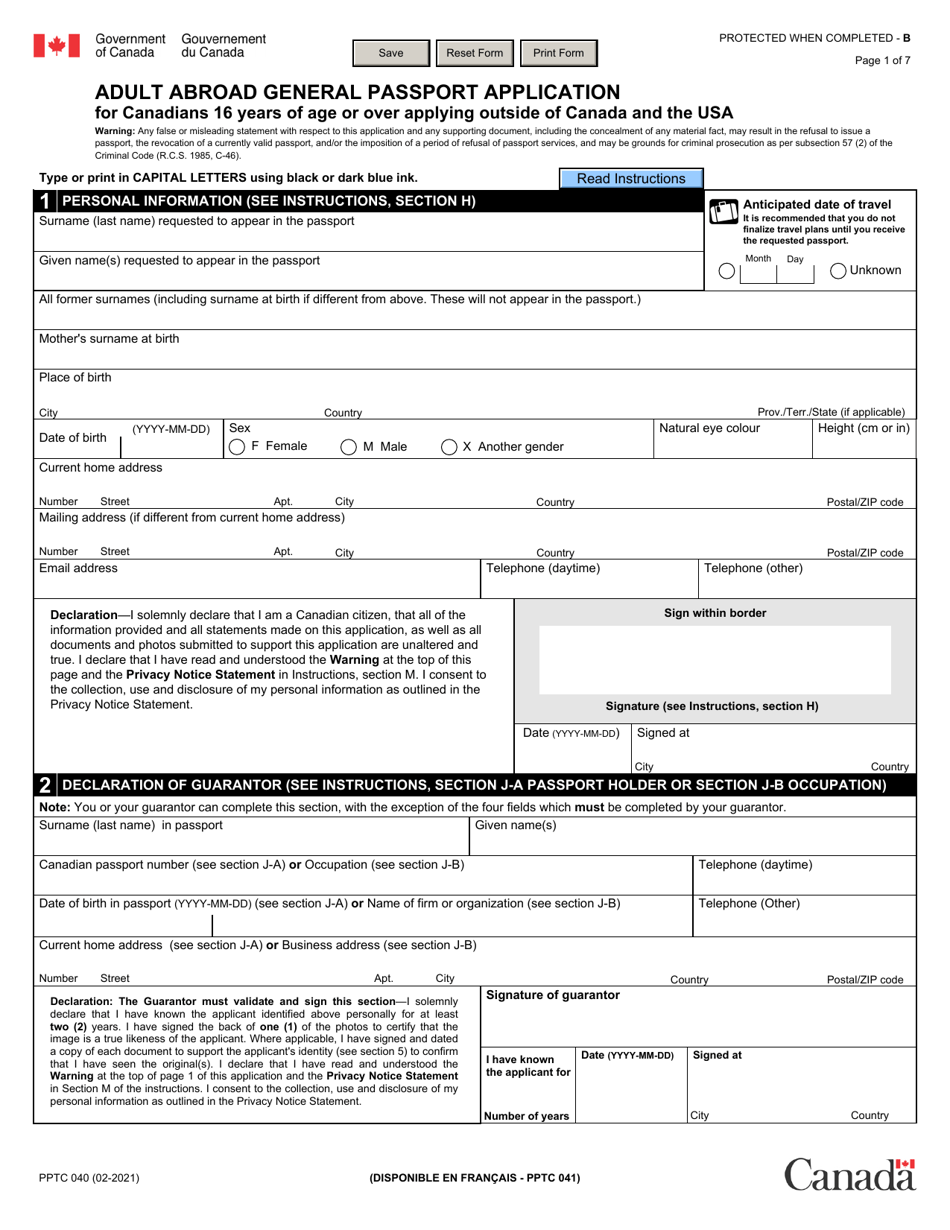 Form PPTC040 Adult Abroad General Passport Application for Canadians 16 Years of Age or Over Applying Outside of Canada and the Usa - Canada, Page 1