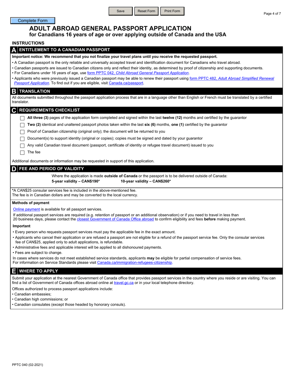Form PPTC040 Adult Abroad General Passport Application for Canadians 16 Years of Age or Over Applying Outside of Canada and the Usa - Canada, Page 4