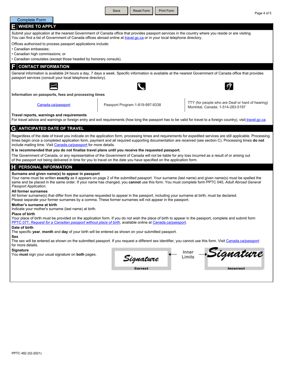 Form PPTC482 Adult Abroad Simplified Renewal Passport Application for Canadians Applying Outside of Canada and the Usa - Canada, Page 4