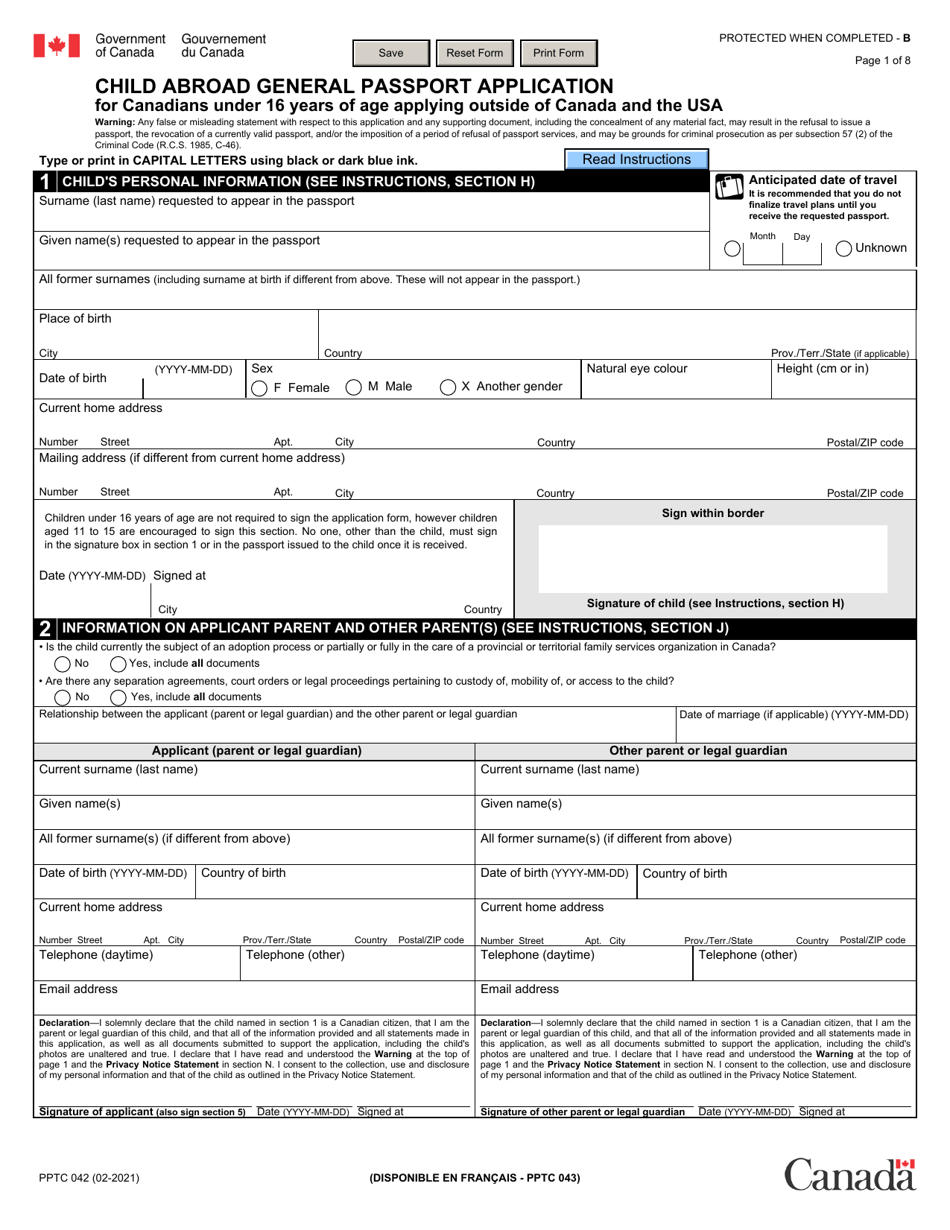 Form PPTC042 Child Abroad General Passport Application for Canadians Under 16 Years of Age Applying Outside of Canada and the Usa - Canada, Page 1