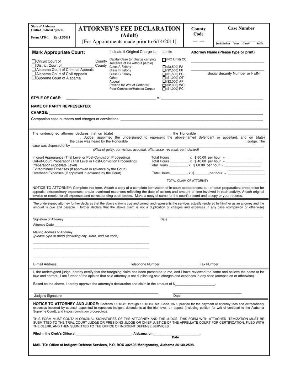 Form AFD-1 Attorneys Fee Declaration (Adult) for Appointments Made Prior to 6 / 14 / 2011 - Alabama, Page 1
